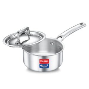 Prestige 14cm/1.1L Tri-Ply Stainless Steel Splendid Sauce Pan with Lid|Gas and Induction Compatible|Even Heat Distribution| Thick Gauge Tri-Ply Body