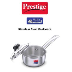 Prestige 16cm/1.5L Tri-Ply Stainless Steel Splendor Sauce Pan with Glass Lid|Gas and Induction Compatible| Even Heat Distribution|Strong and Durable| Perma-Cool Handles|