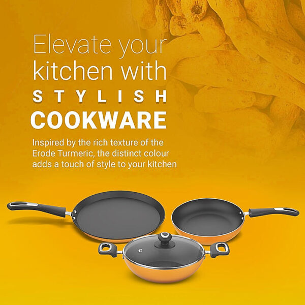 Preethi Dura Collection Non Stick Set, 28 cm Tawa, 26 cm Frying Pan, 26 cm Kadai, With Glass Lid, Gas & Induction Compatible, 5 Star Non Stick Effect, Turmeric Yellow - Image 2