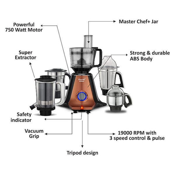 Preethi Zodiac Stardust MG 265, 750 Watts, 5 Jars including Masterchef Jar, Super Extractor, 5 Yr Motor Warranty & Lifelong Free service, Copper/Black - Image 3