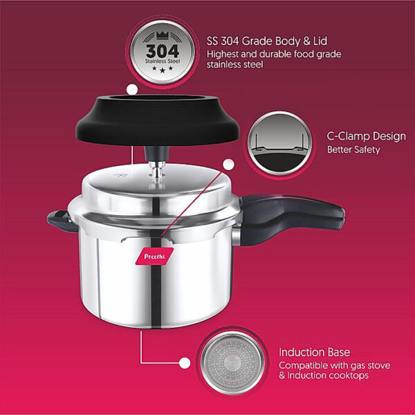 Preethi Induction Base Stainless Steel Outer Lid Pressure Cooker, 5 Litres, Silver-(Spill Splash Shield) PC 026 - Image 3