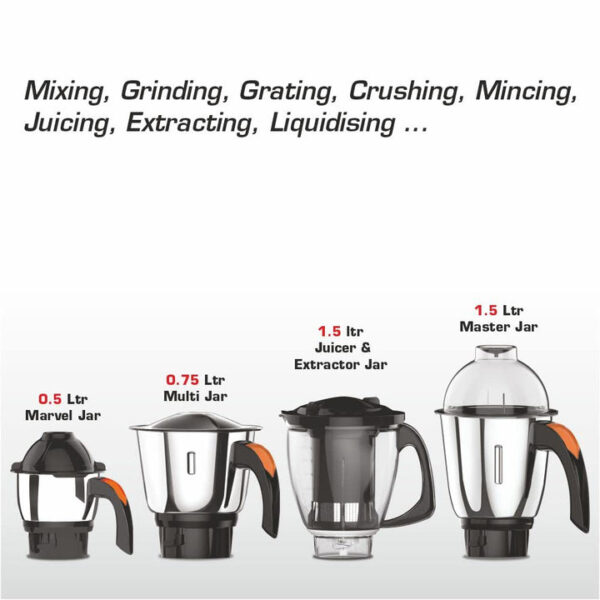 Vidiem Evo ADC 750W Mixer Grinder with 5 Jars (Black & Orange) - Image 3