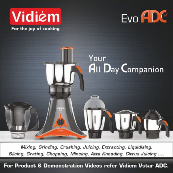 Vidiem Evo ADC 750W Mixer Grinder with 5 Jars (Black & Orange) - Image 6