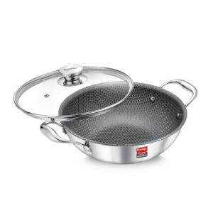 Prestige 20cm/1.6L Tri-Ply Stainless Steel Hexamagic Kadai with Lid| Honeycomb Structure| Durability of Triply| Metal Spoon Friendly| Gas and Induction Compatible| Dishwasher Safe|Low Oil Consumption|Grey