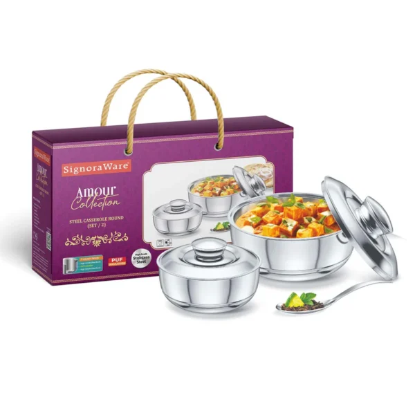 Signoraware Fresh Steel Casserole (500ml + 1100ml) Set of 2 | Gifting Pack