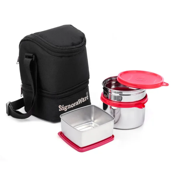 Signoraware Trio Steel Lunch Box | 500ml+600ml+200ml - Image 2
