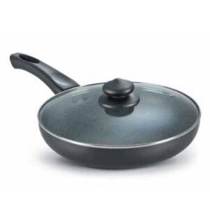 Prestige Omega Deluxe Granite Non-stick Round Base Fry Pan with Glass Lid (Black)