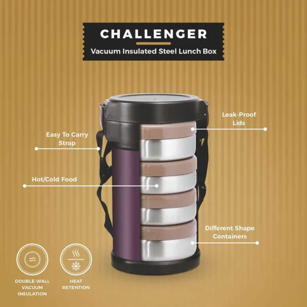 Signoraware Challenger Vacuum Lunch Box 4 Tier | Stainless Steel Insulated Lunch Box - Image 3