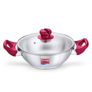 Prestige Platina Popular Stainless Steel Unique Impact Forged Bottom Kadai with Toughened Glass Lid, 20cm (1.5 L) (Silver)