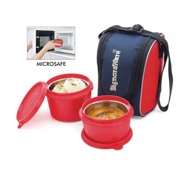 Signoraware Executive Microsafe Steel Lunch Box, Set of 2 | Insulated Fabric Bag | Leak Proof & Microwave Safe | Full Meal and Easy to Carry