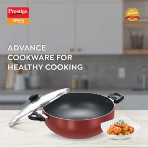 Prestige Omega Deluxe Aluminium Non-Stick Round Base Deep Kadai with Glass Lid 30cm (Red)