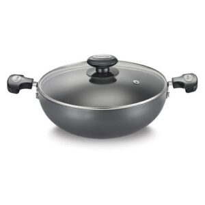 Prestige Hard Anodised Plus Gas and Induction Compatible Kadai with Glass Lid, 24 cm, Black