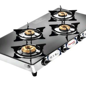 Butterfly Alpha 4 Burner Glass Top Gas Stove | 8mm Ultra Thick Tempered Glass |Heavy duty Jumbo Brass Burner|Enamel Coated Pan Stand| Removable Double Drip Tray |Black | Manual