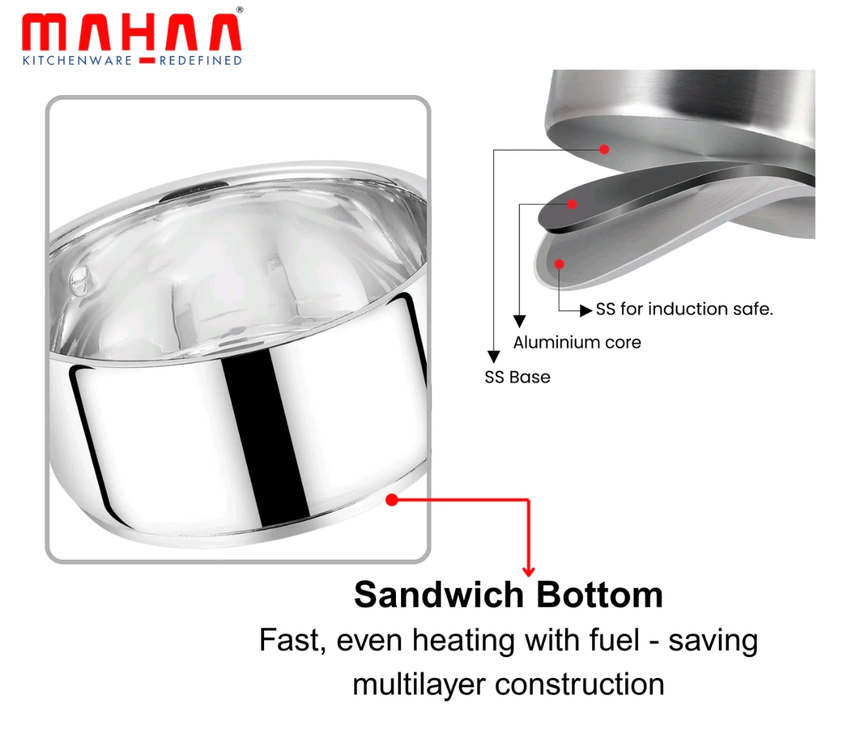 MAHAA Utena Stainless Steel Sauce Pan – Tea, Milk, Soup, Maggie Pan | Tri Ply Base | Non-stick | Gas & Induction Compatible | StayCool+ Handle | 14cm / 16cm / 18cm /20CM - Image 3