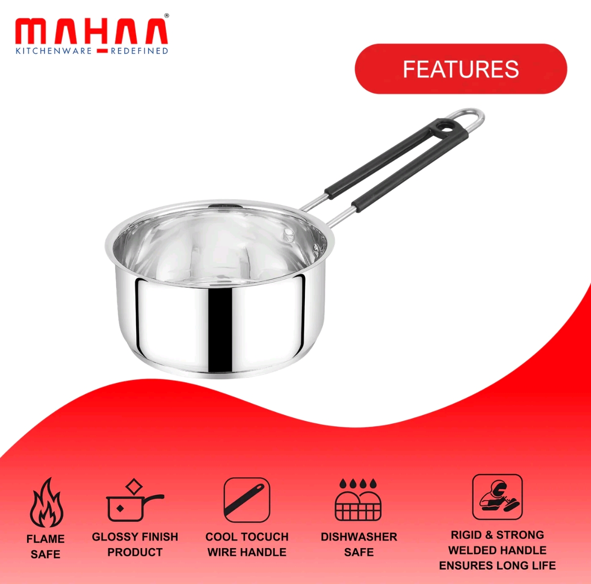 MAHAA Utena Stainless Steel Sauce Pan – Tea, Milk, Soup, Maggie Pan | Tri Ply Base | Non-stick | Gas & Induction Compatible | StayCool+ Handle | 14cm / 16cm / 18cm /20CM - Image 9