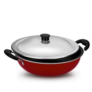 IDEAL Ever Non Stick kadai with Steel Lid | Gas Top Compatible | Red (28cm) Brand: IDEAL