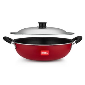 IDEAL Ever Non Stick kadai with Steel Lid | Gas Top Compatible | Red (22cm) Brand: IDEAL