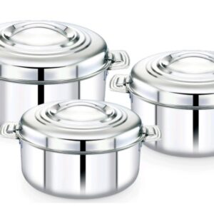 MAHAA Blue Bell set 3 pcs Stainless Steel Insulated Casserole – Snug-Fit Lock, Rust-Free & Stylish Hot Pot, Hot Pot for Roti-Rice-Gravy-Curry, Retains Temperature, Twist Lock