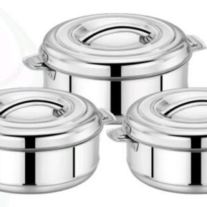 MAHAA Aspen 3 pcs set Stainless Steel Insulated Casserole – Snug-Fit Lock, Hot Pot for Roti-Rice-Gravy-Curry, Retains Temperature, Twist Lock(1000ML/1500ML/2500ML)