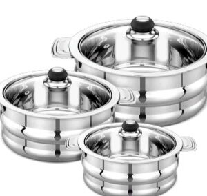 MAHAA 3 pcs set Orchid c through Stainless Steel Insulated Casserole with See-Through Glass Lid – Snug-Fit Lock, Rust-Free & Stylish Hot Pot, Hot Pot for Roti-Rice-Gravy-Curry, Retains Temperature, Twist Lock