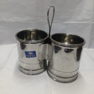 Stainless Steel wighted Dual Cup Serving Stand Double Chutney Cup / Sambar Serving Stand with Handle