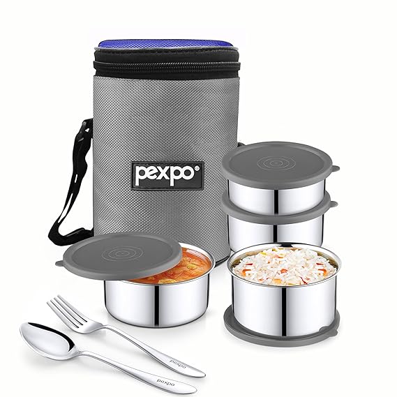 pexpo Marvel-4 Stainless Steel Meal Box with 4 Containers(2 * 280ml, 200ml, 430ml), 1 Spoon & Bag - Grey & Blue |BPA Free Lid | Leak Proof | Lunch Box for Office Men and Women