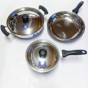 Premium Stainless Steel Cookware Combo โ Induction Friendly Kadai, Fry Pan & Sauce Pan with Lids