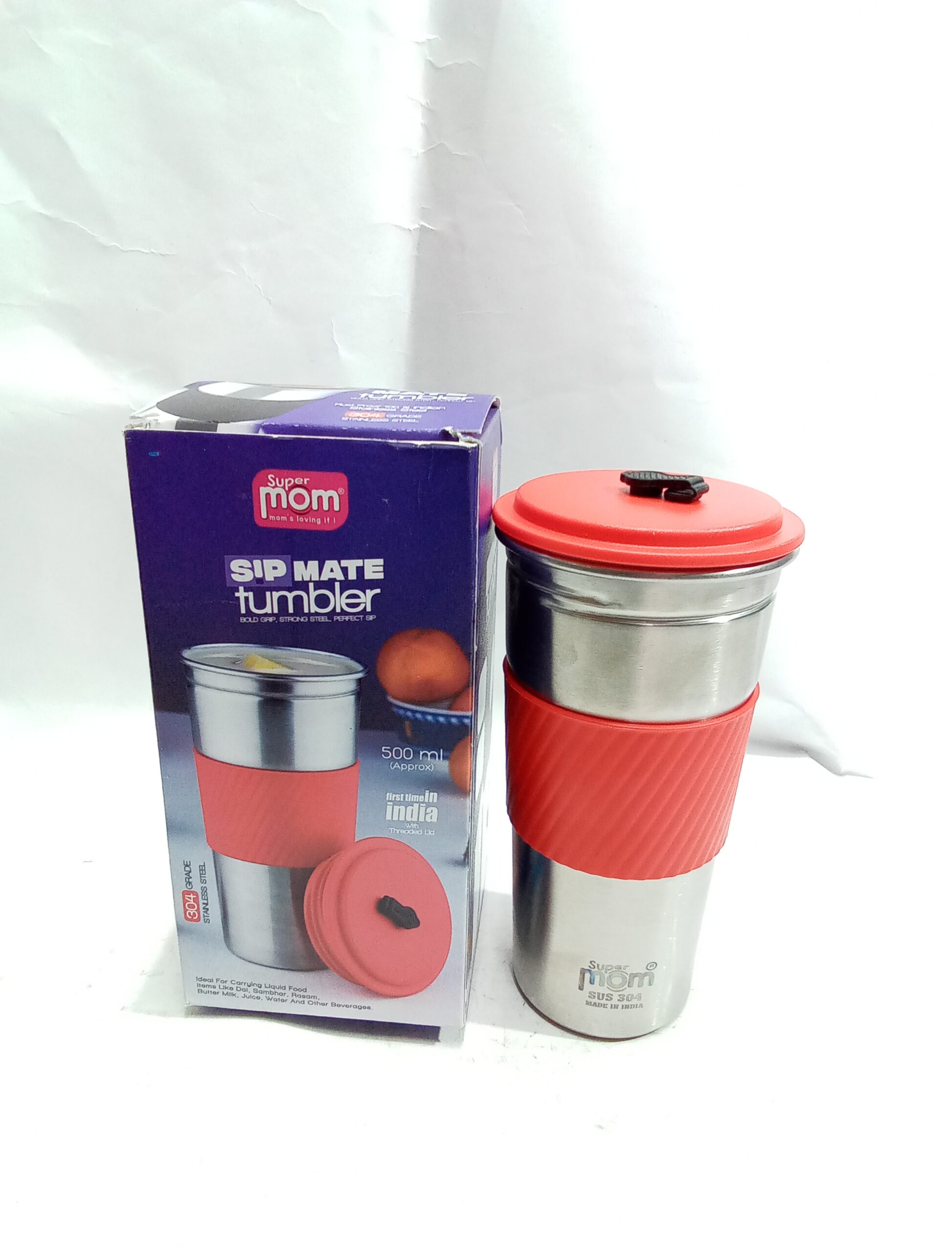 Super Mom Sip Mate Stainless Steel Insulated Travel Tumbler, 500 ml, for Hot & Cold Drinks, Silicone Grip, with Lid